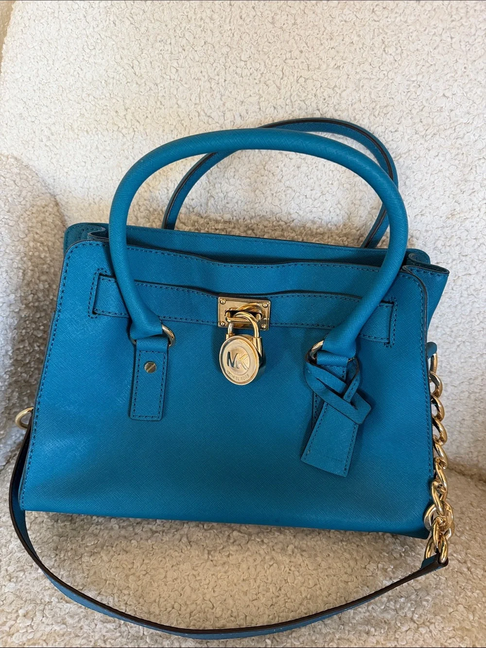 Michael Kors Teal Leather Saffiano Satchel with Gold Hardware